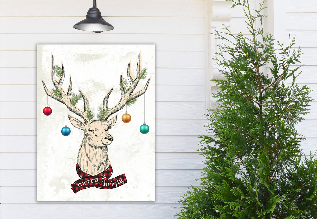 Fun Christmas Wall Decor, Merry & Bright Reindeer Antlers With Hanging Ornaments, Retro Vintage Holiday Canvas Art Print, Festive Decoration
