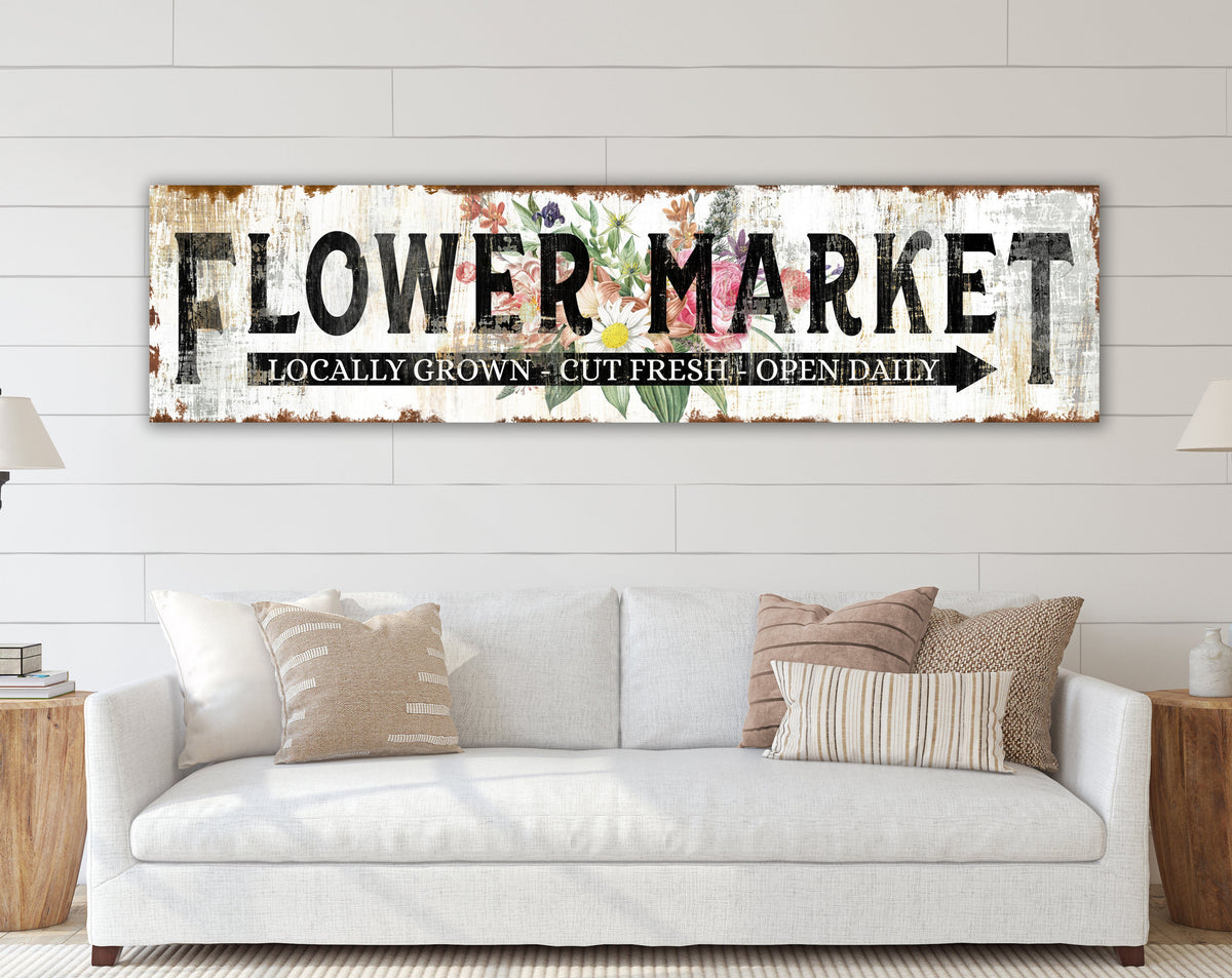 Shabby Rustic Flower Market Sign Modern Farmhouse Wall Decor, Primitive Country Wall Art Home Decor Print Garden Lover Gift For She Shed