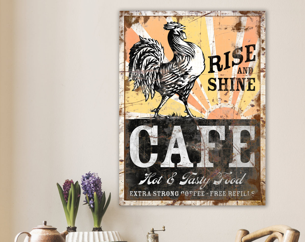 Rustic Rooster Rise & Shine Cafe Sign Farmhouse Wall Decor, Vintage Kitchen Wall Art, Primitive Country Kitchen Decor Shabby Distressed Sign