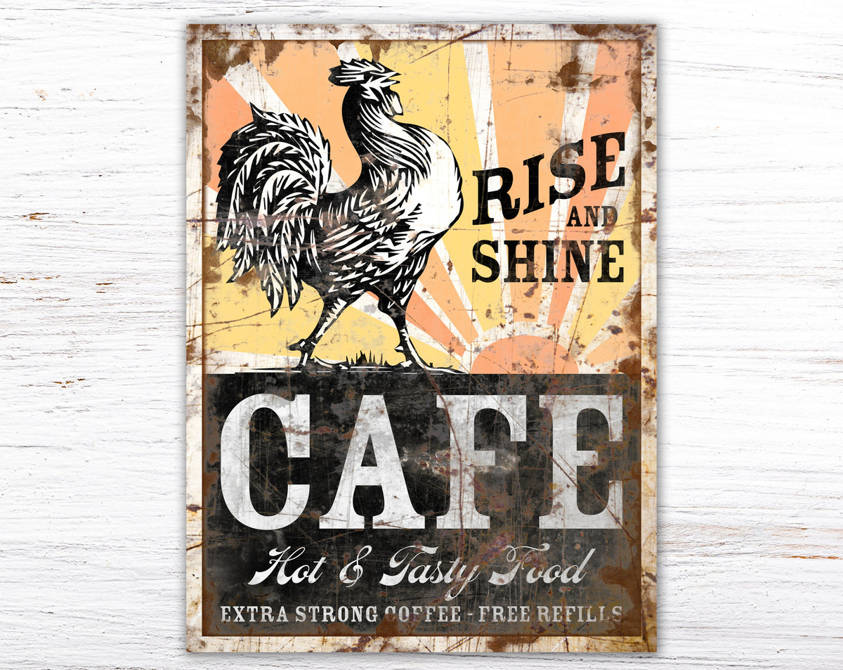 Rustic Rooster Rise & Shine Cafe Sign Farmhouse Wall Decor, Vintage Kitchen Wall Art, Primitive Country Kitchen Decor Shabby Distressed Sign