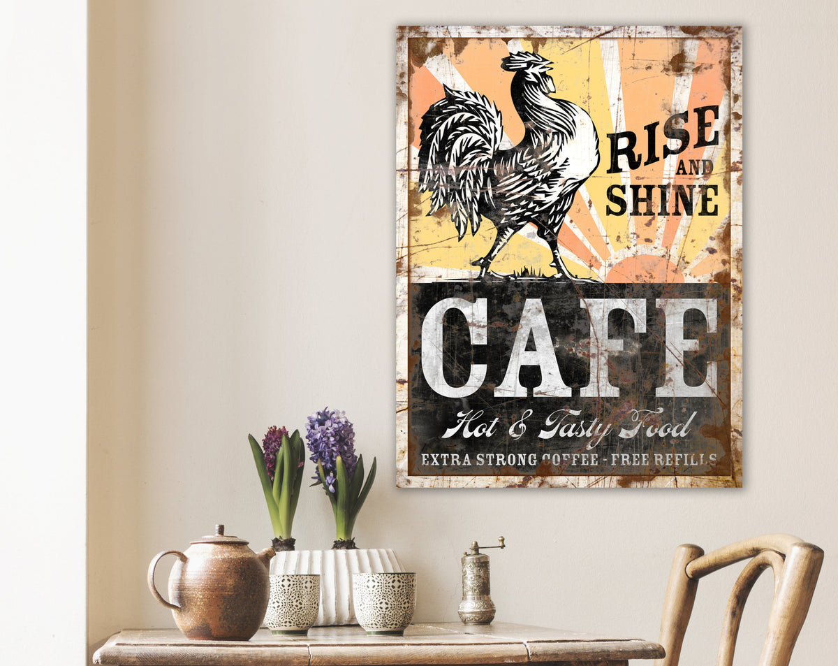 Rustic Rooster Rise & Shine Cafe Sign Farmhouse Wall Decor, Vintage Kitchen Wall Art, Primitive Country Kitchen Decor Shabby Distressed Sign