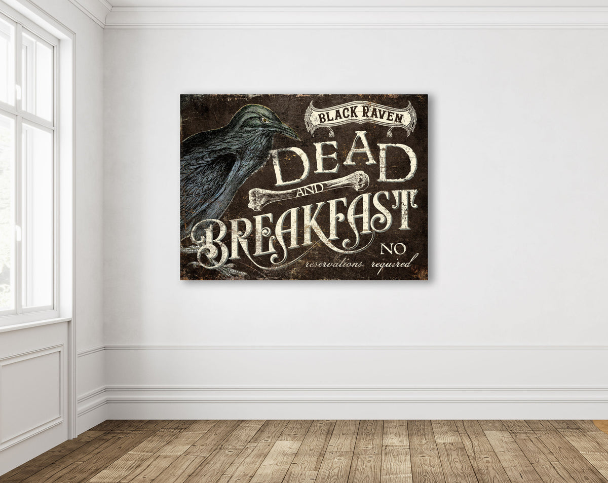 Whimsical Primitive Halloween Decor Vintage Style Gothic Medieval Black Raven Dead And Breakfast Sign, Dark Creepy Artwork Canvas Wall Art