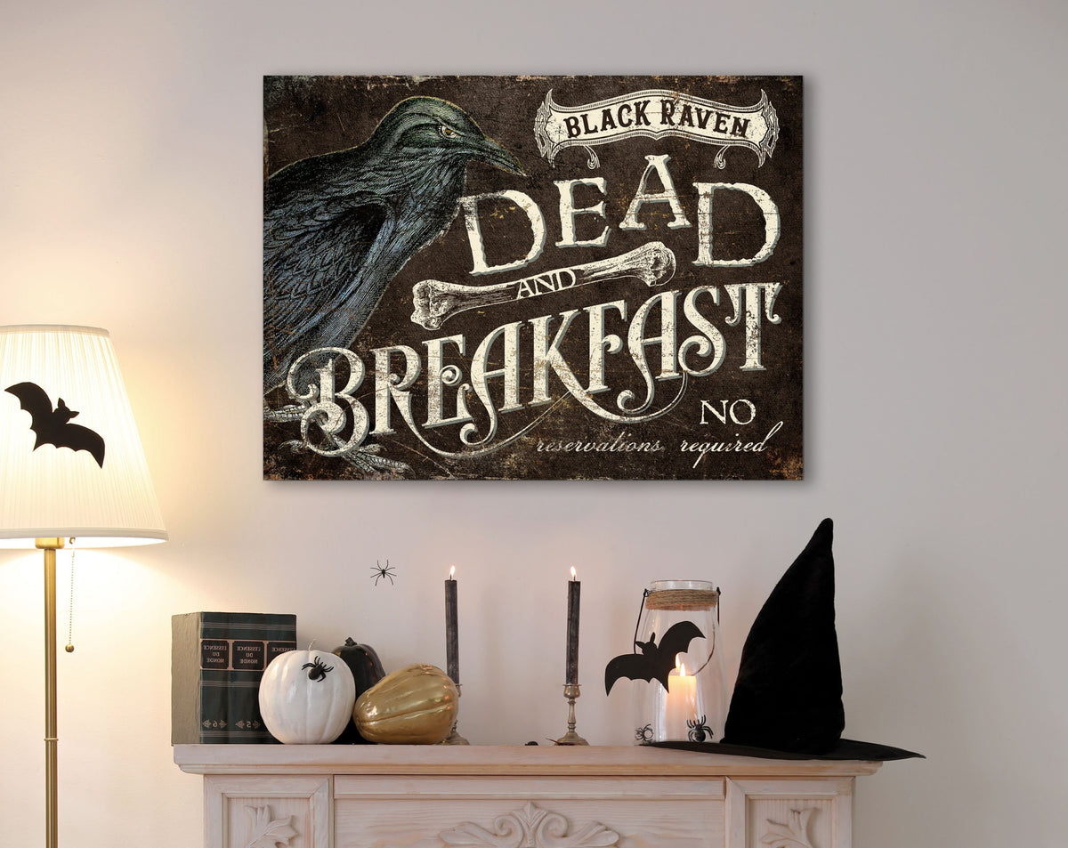 Whimsical Primitive Halloween Decor Vintage Style Gothic Medieval Black Raven Dead And Breakfast Sign, Dark Creepy Artwork Canvas Wall Art