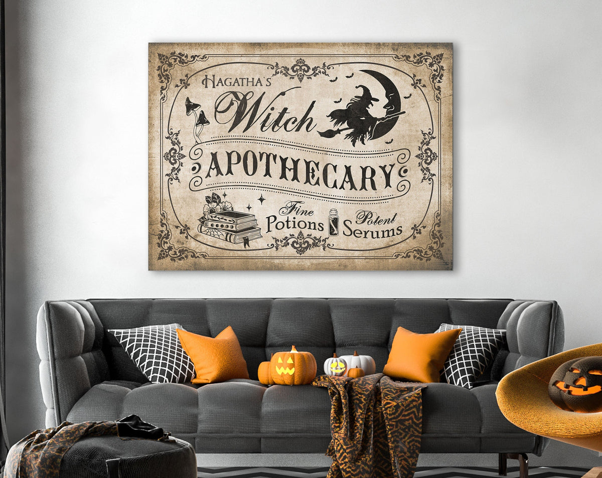Spooky Witch Apothecary Sign Whimsical Witchcraft Halloween Decor, Retro Vintage Gothic Dark Magic Creepy Artwork Canvas Wall Art Print