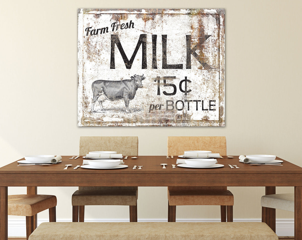 Vintage Farm Fresh Milk Canvas Art Print, Rustic Country Cow Artwork, Distressed Antique Wall Decor, Modern Farmhouse Kitchen Sign