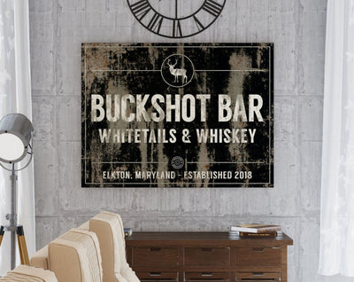 Rustic Western Decor, Country Farmhouse Wall Decor, Personalized Hunting Decor Gift, Buckshot Bar Whitetails Whiskey Established Art For Men