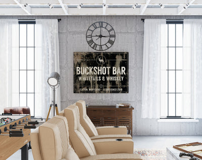 Rustic Western Decor, Country Farmhouse Wall Decor, Personalized Hunting Decor Gift, Buckshot Bar Whitetails Whiskey Established Art For Men