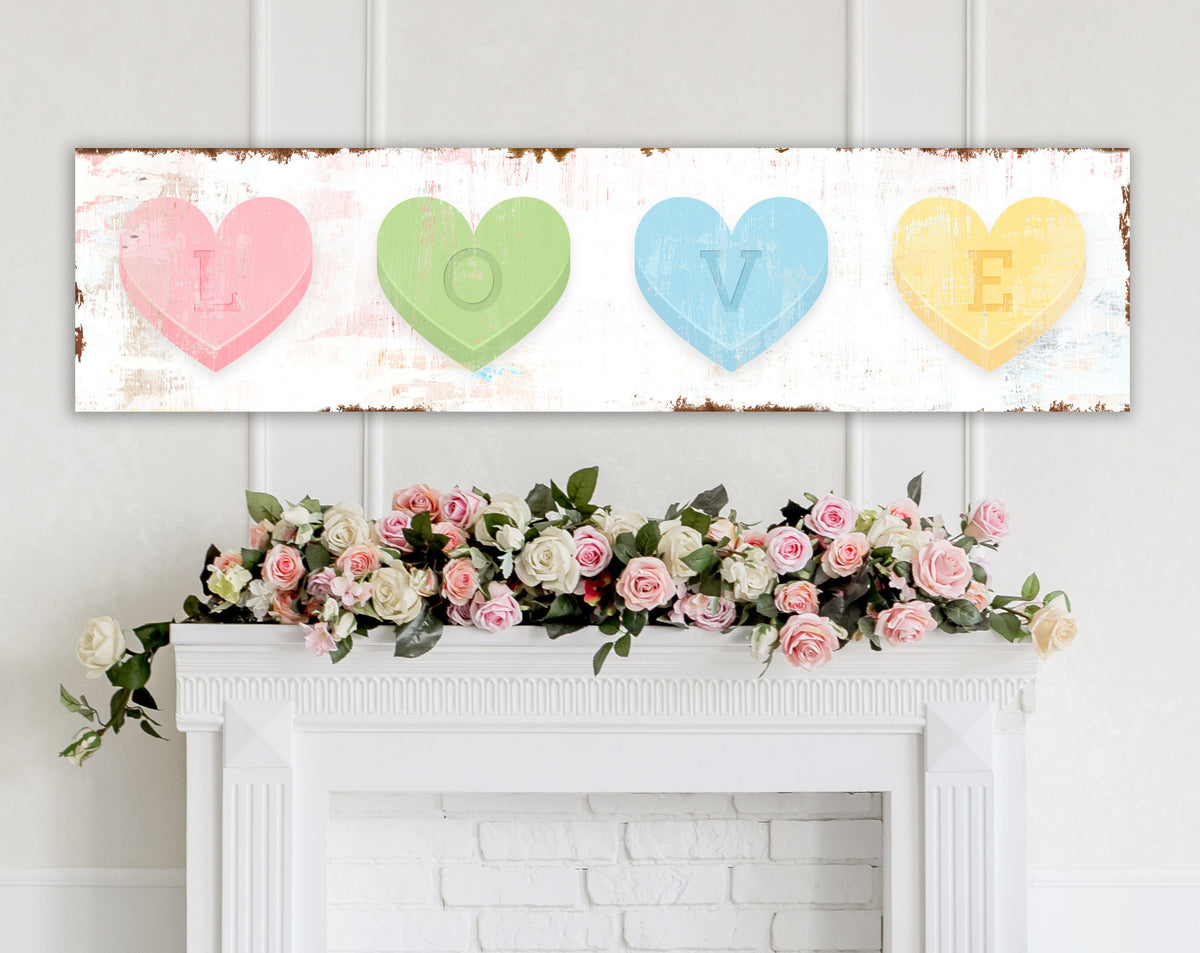 Fun Pastel Love Hearts Canvas Print, Vintage Valentine's Day Art Sign, Modern Farmhouse Colorful Love Wall Decor, Seasonal Airy Boho Artwork