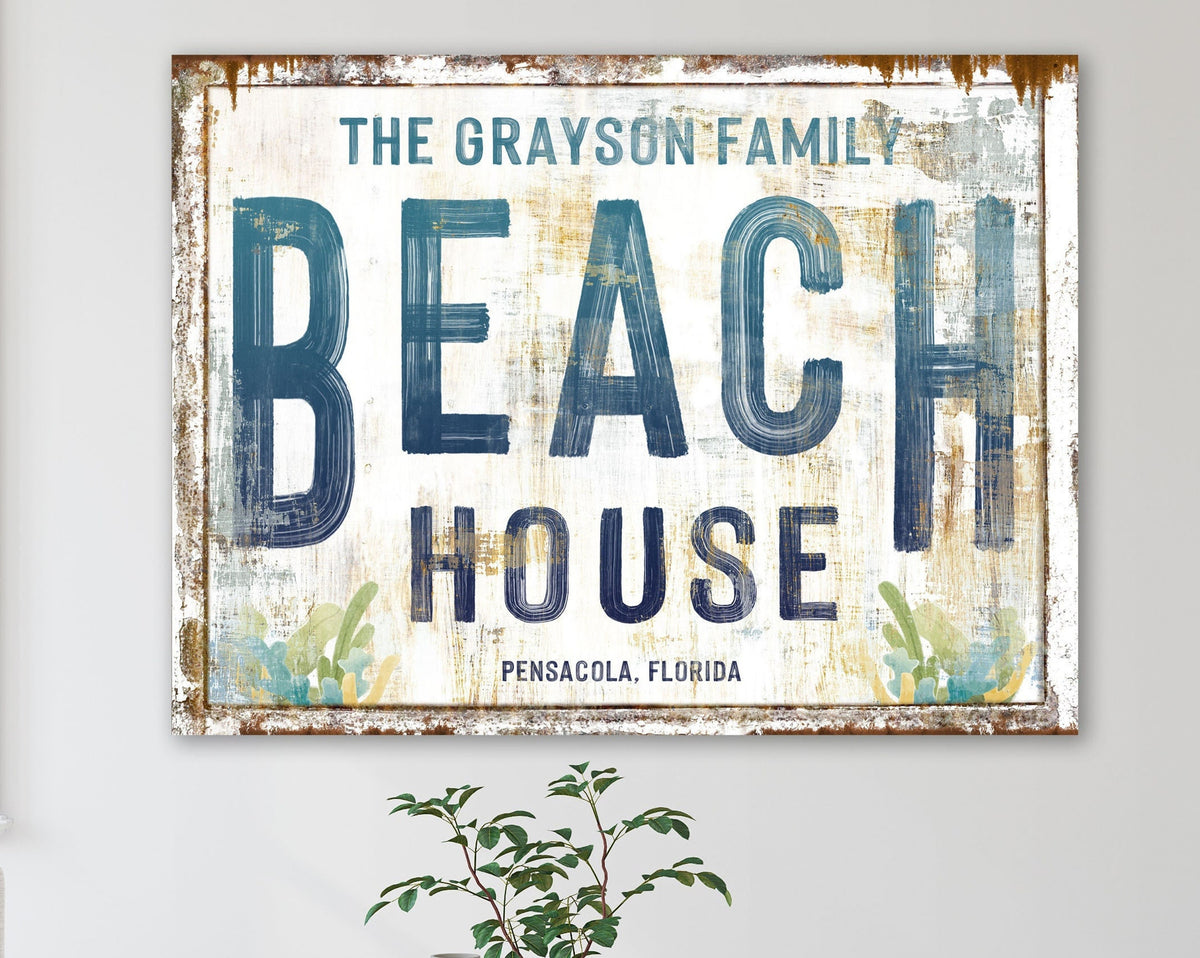 Personalized Beach House Sign Vacation Home Beachy Coastal Farmhouse Wall Decor, Rustic Shabby Seaside Cottage Custom Canvas Artwork Print