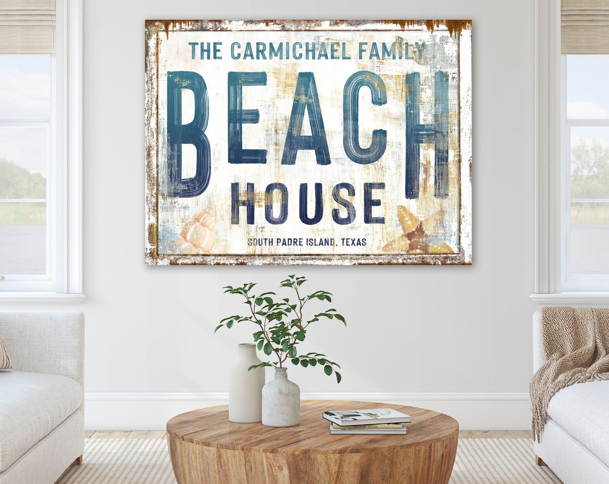 Personalized Beach House Sign Vacation Home Beachy Coastal Farmhouse Wall Decor, Rustic Shabby Seaside Cottage Custom Canvas Artwork Print