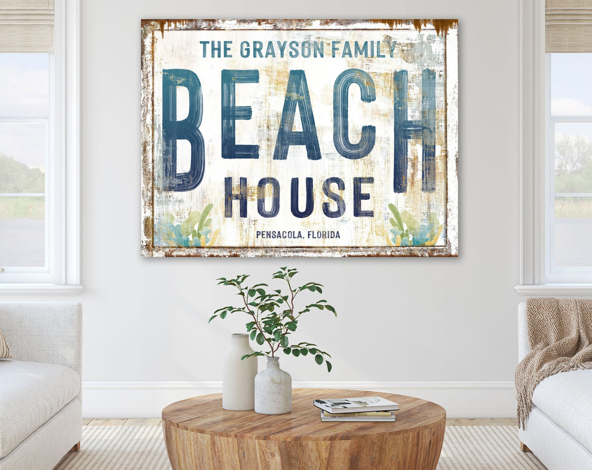Personalized Beach House Sign Vacation Home Beachy Coastal Farmhouse Wall Decor, Rustic Shabby Seaside Cottage Custom Canvas Artwork Print