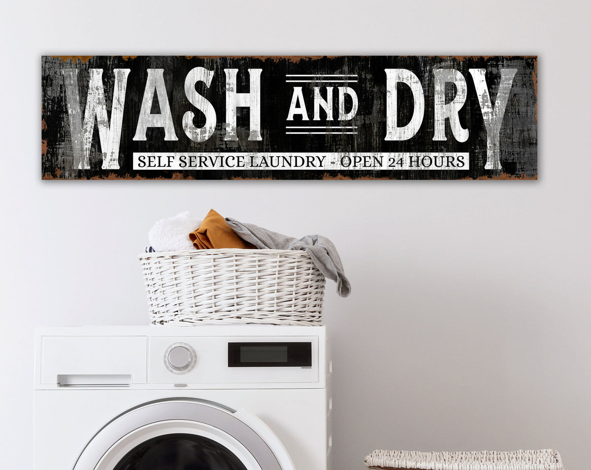 Modern Farmhouse Wall Decor Laundry Sign, Rustic Chic Wash & Dry Self Service Laundry Room Decor, Vintage Wall Art, Primitive Home Decor