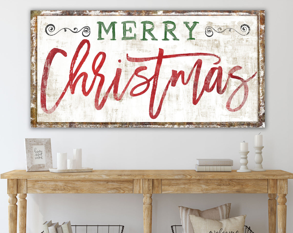 Vintage Merry Christmas Sign Farmhouse Wall Decor, Primitive Rustic Chic Wall Art Winter Holiday Decoration, Cottage Shabby Country Print