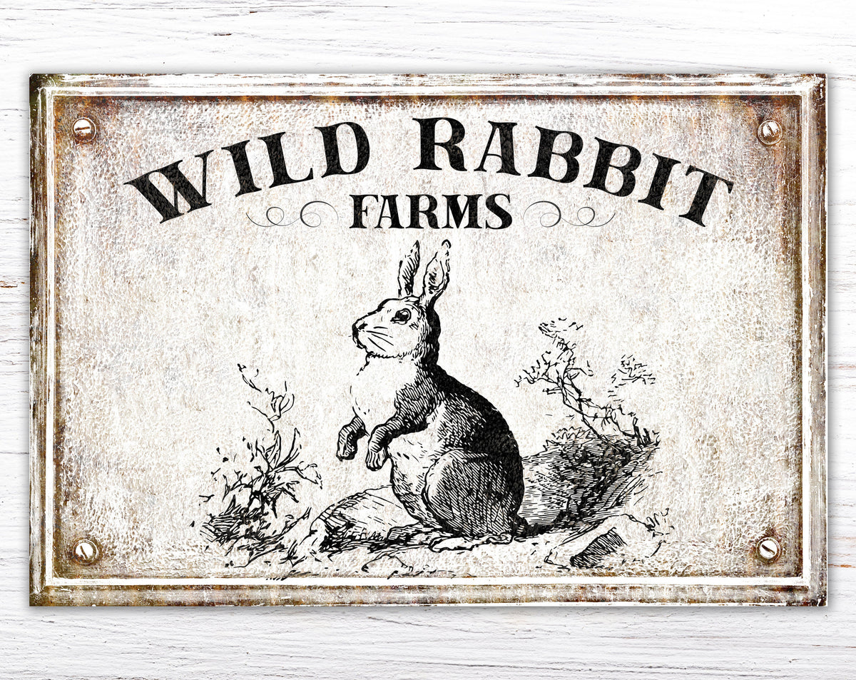 Vintage Farmhouse Wall Decor Wild Rabbit Farm Sign, Rustic Chic Home Decor Easter Sign, French Country Spring Wall Decor Art Illustration