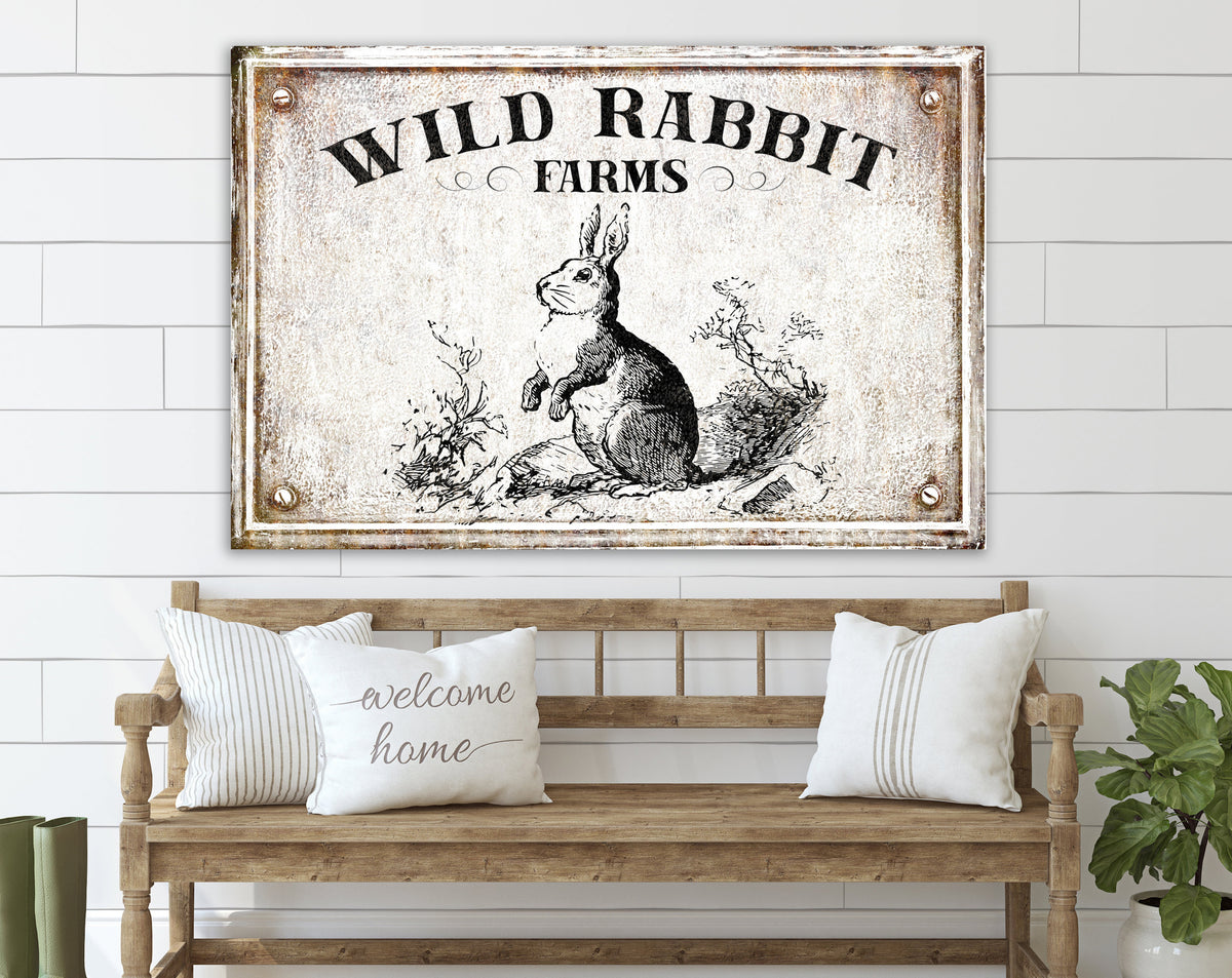 Vintage Farmhouse Wall Decor Wild Rabbit Farm Sign, Rustic Chic Home Decor Easter Sign, French Country Spring Wall Decor Art Illustration