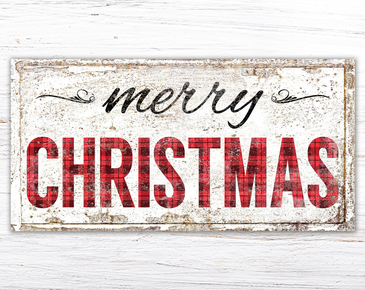 Large Rustic Merry Christmas Wall Decor, Vintage Winter Decoration, Red & Black Buffalo Plaid Holiday Art Modern Farmhouse Chic Canvas Print