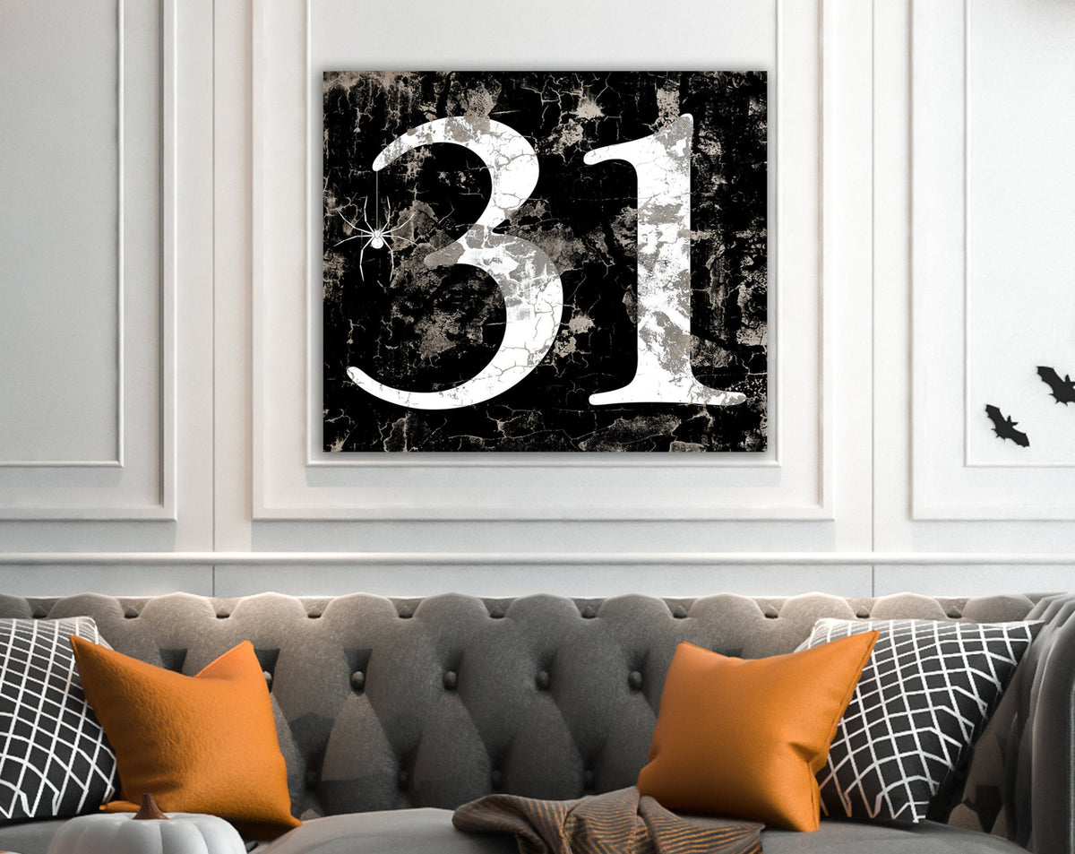 Halloween Decor, Black & White October 31 Spider Art, Rustic Fall Sign, Creepy Gothic Home Decor, Industrial Number Art, Autumn Decoration