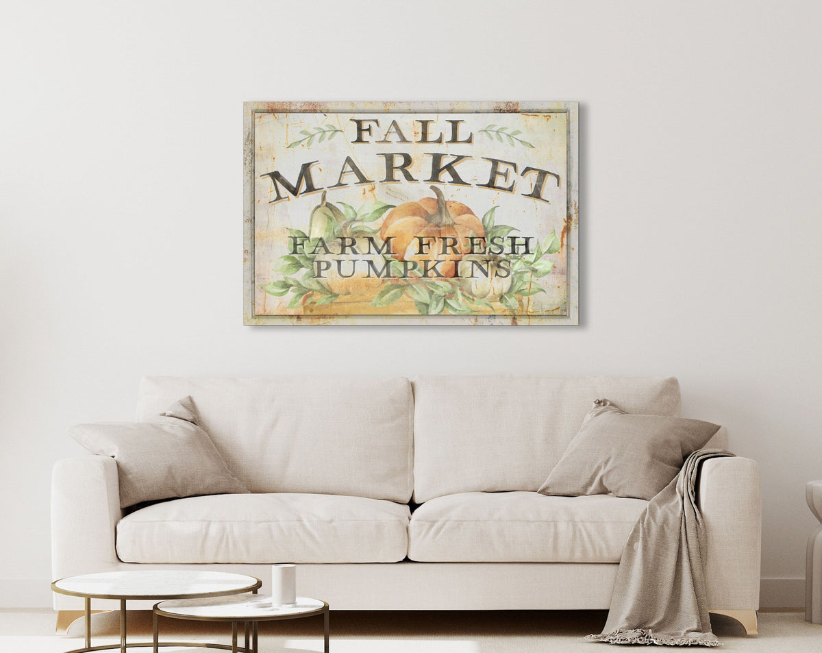 Fall Market Farm Fresh Pumpkins Sign Vintage Farmhouse Wall Decor, Primitive Country Autumn Thanksgiving Canvas Art Print Harvest Decoration