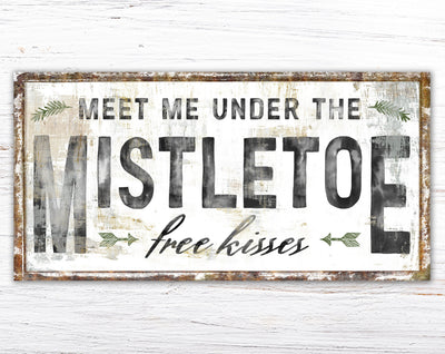 Modern Farmhouse Christmas Wall Decor Mistletoe Sign, Meet Me Under The Mistletoe Primitive Rustic Holiday Art, Cozy Nostalgic Country Sign