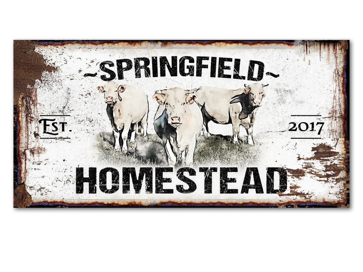 Primitive Charolais Cattle Ranch Sign Canvas | Last Name Homestead Sign | Farmhouse Sign | Cattle Farm Sign | Cattle Ranch Sign | Distressed Sign