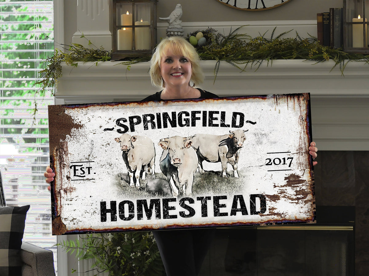 Primitive Charolais Cattle Ranch Sign Canvas | Last Name Homestead Sign | Farmhouse Sign | Cattle Farm Sign | Cattle Ranch Sign | Distressed Sign