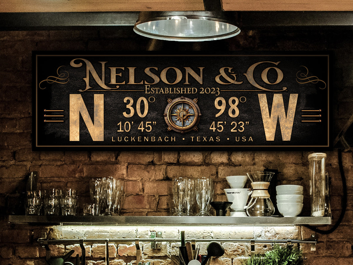 Aeticon Canvas GPS Coordinates | GPS Sign | Custom Coordinates | Significant Place Sign | Personalized latitude longitude sign | Steampunk Compass Sign