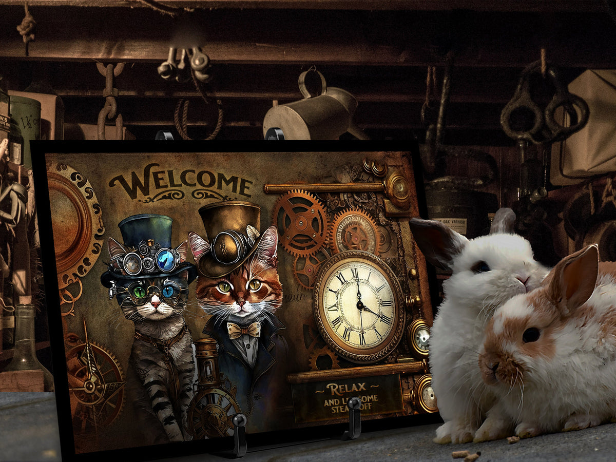 Aeticon Canvas Steampunk | Steampunk Decor | Steampunk Metal Wall Art| Steampunk Wall Art | Steampunk Wall Decor | Steampunk Kitty Cat Metal Sign