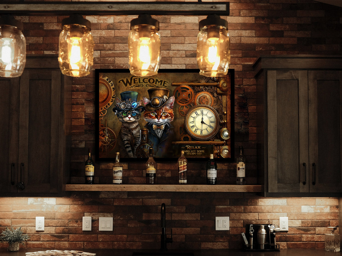 Aeticon Canvas Steampunk | Steampunk Decor | Steampunk Metal Wall Art| Steampunk Wall Art | Steampunk Wall Decor | Steampunk Kitty Cat Metal Sign