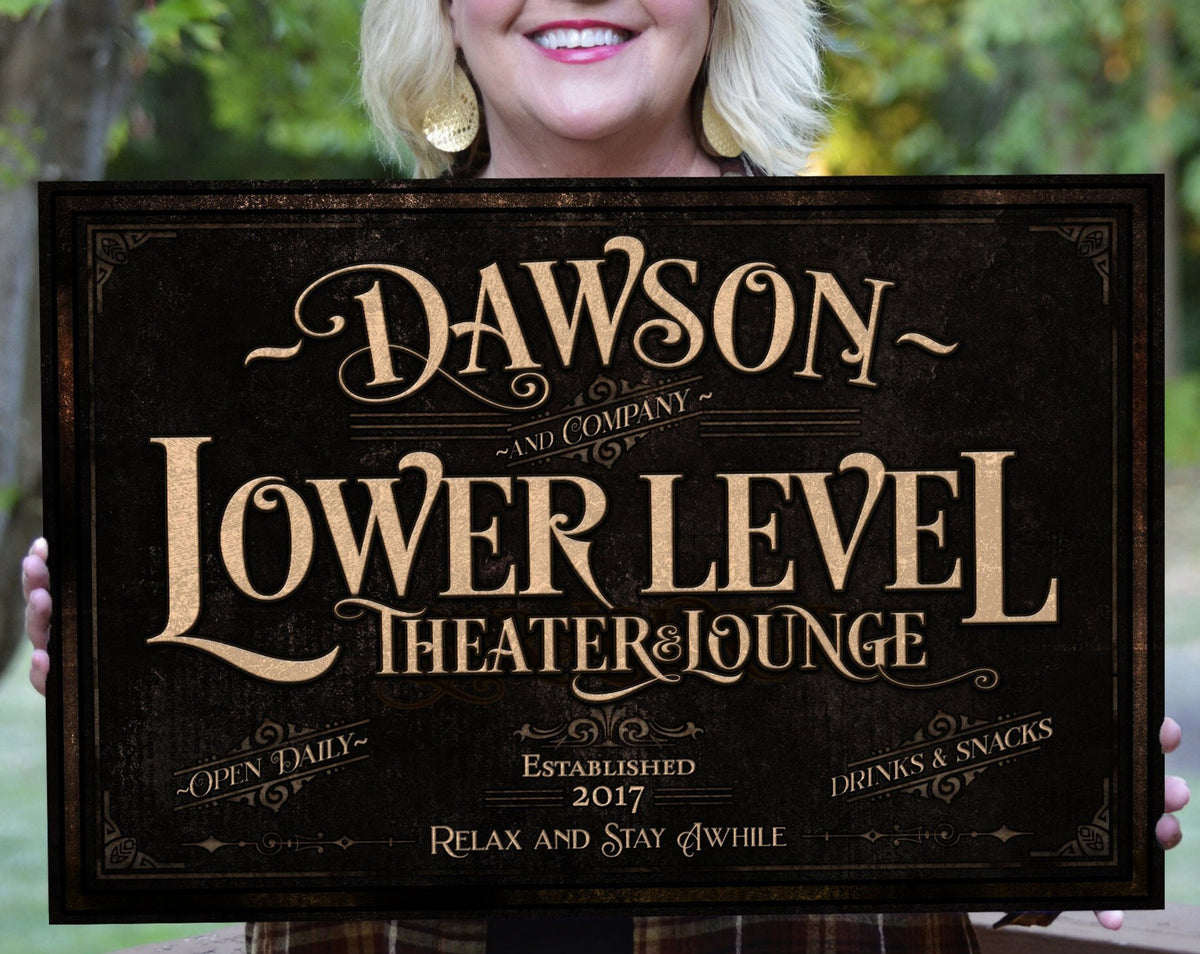 Aeticon Canvas Lower Level Bar Sign | Home Theater Sign | Theater Lounge Sign | Home Theater Sign | Last Name Lounge Sign