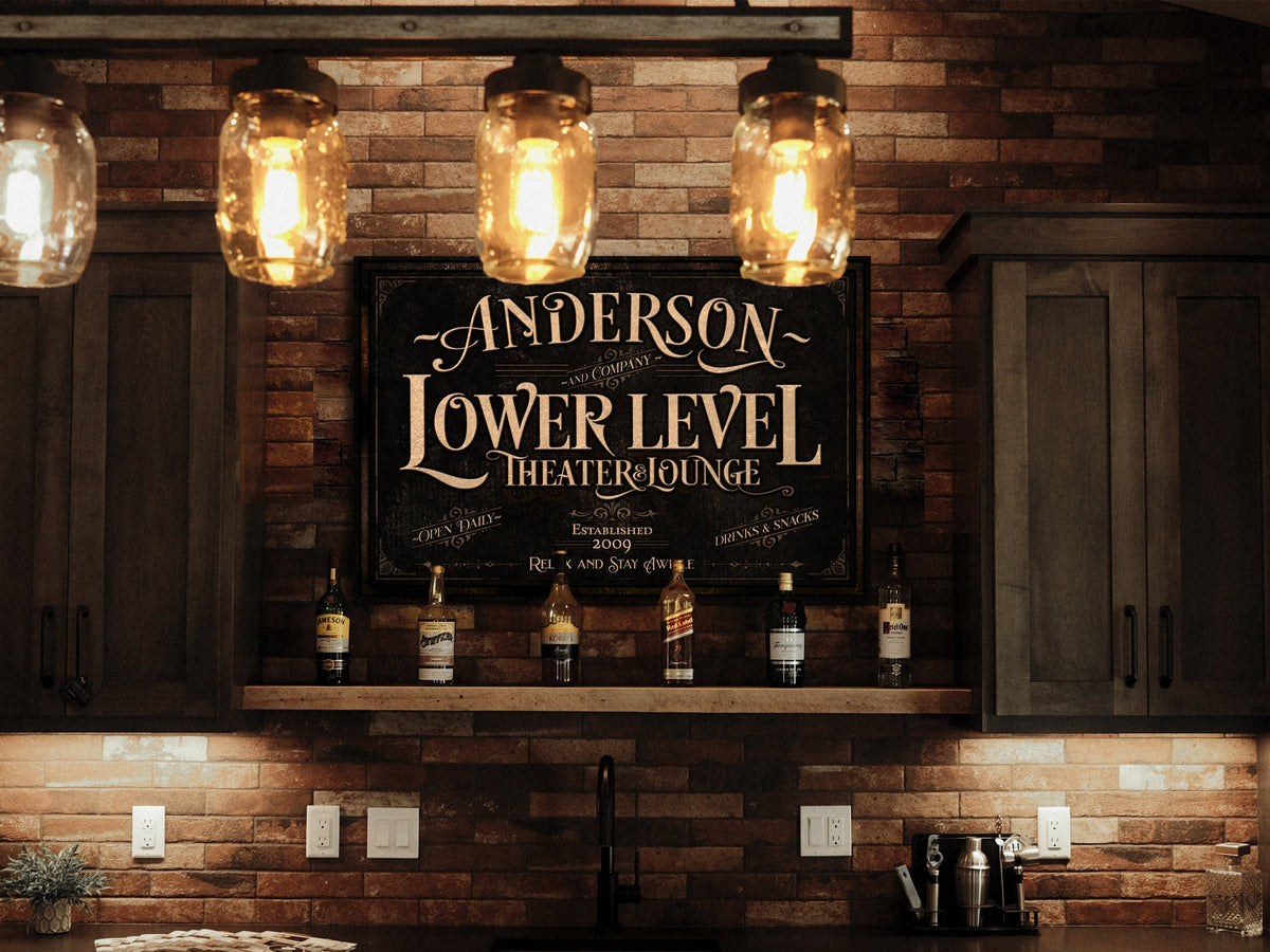 Aeticon Canvas Lower Level Bar Sign | Home Theater Sign | Theater Lounge Sign | Home Theater Sign | Last Name Lounge Sign