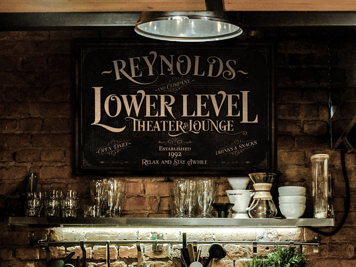 Aeticon Canvas Lower Level Bar Sign | Home Theater Sign | Theater Lounge Sign | Home Theater Sign | Last Name Lounge Sign