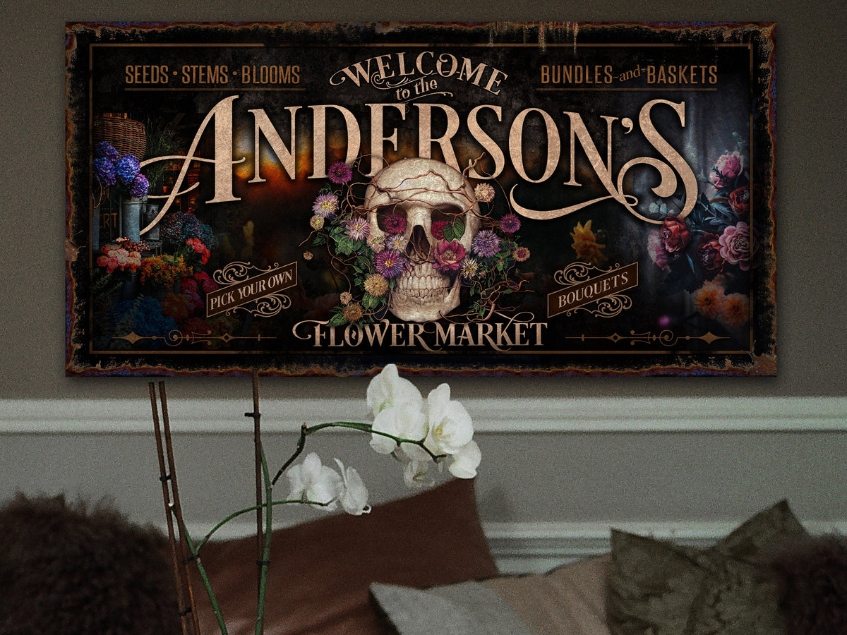 Aeticon Canvas Sugar Skull Sign Personalized | Skull Decor | Flower Market Sign | Spring Home Decor | Spring Wall Decor | Rustic Spring Decor
