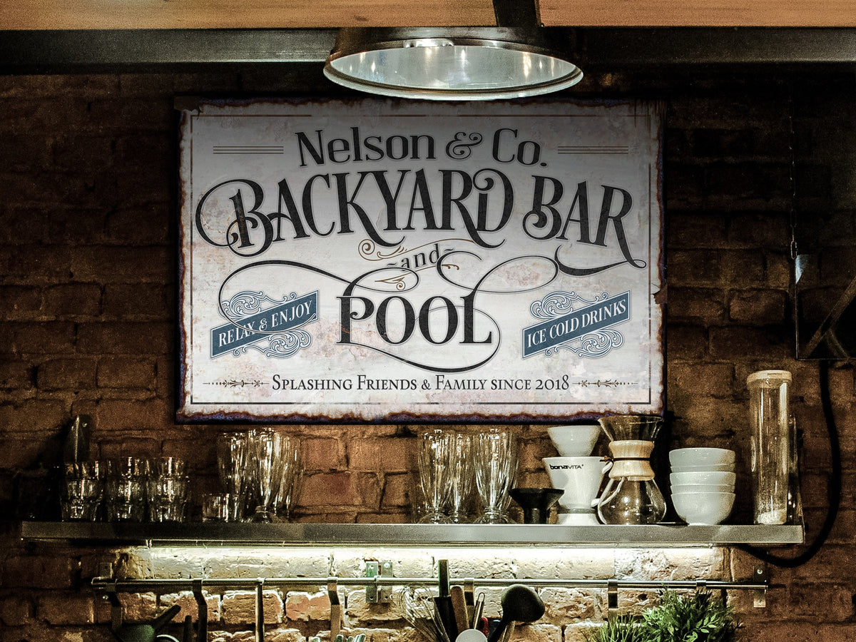 Aeticon Canvas Custom Backyard Pool Bar Sign | Patio Pool Bar Sign | Porch Bar Sign | Name Sign | Modern Farmhouse Decor | Large Metal Sign | Light Color