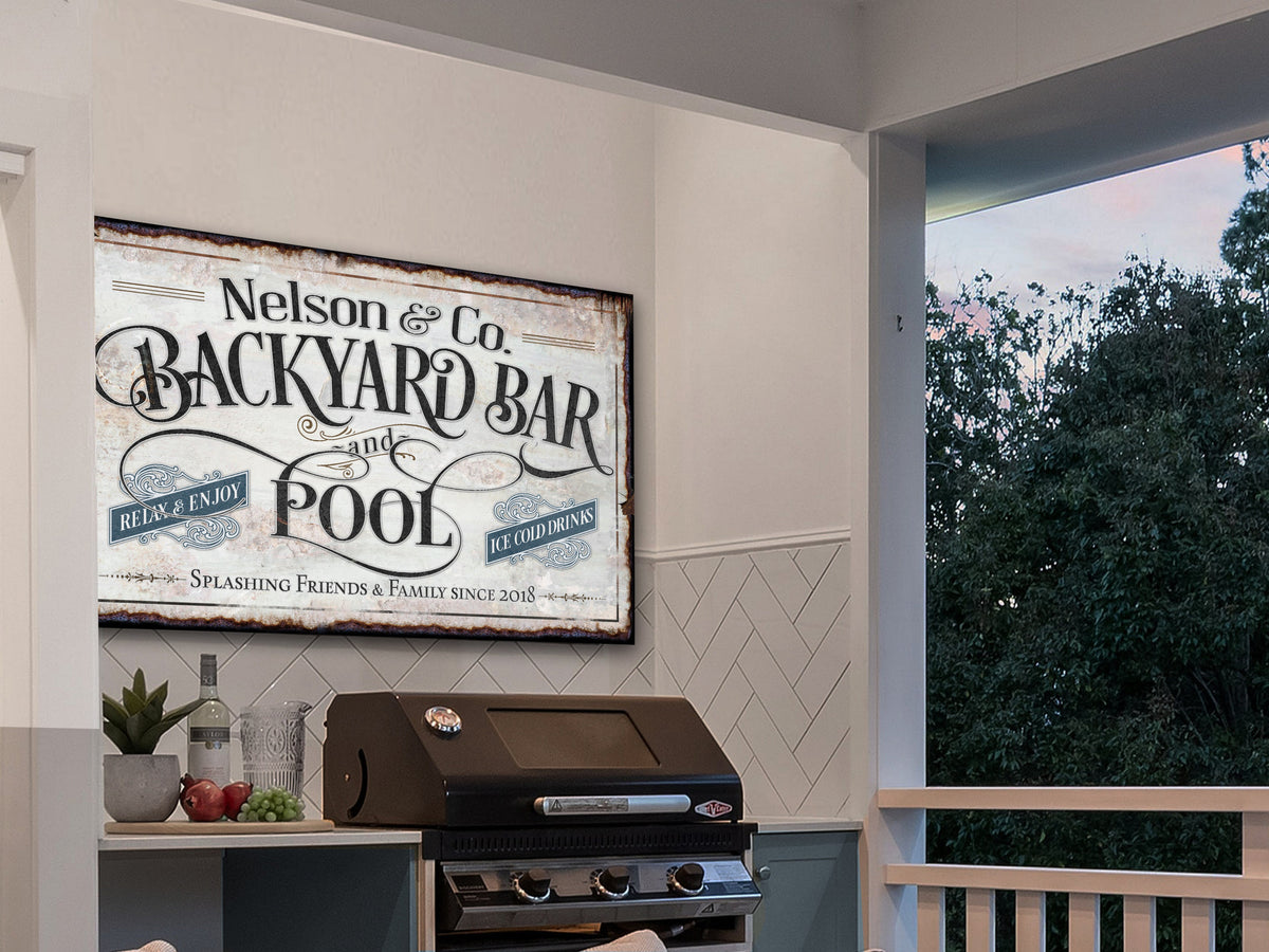 Aeticon Canvas Custom Backyard Pool Bar Sign | Patio Pool Bar Sign | Porch Bar Sign | Name Sign | Modern Farmhouse Decor | Large Metal Sign | Light Color