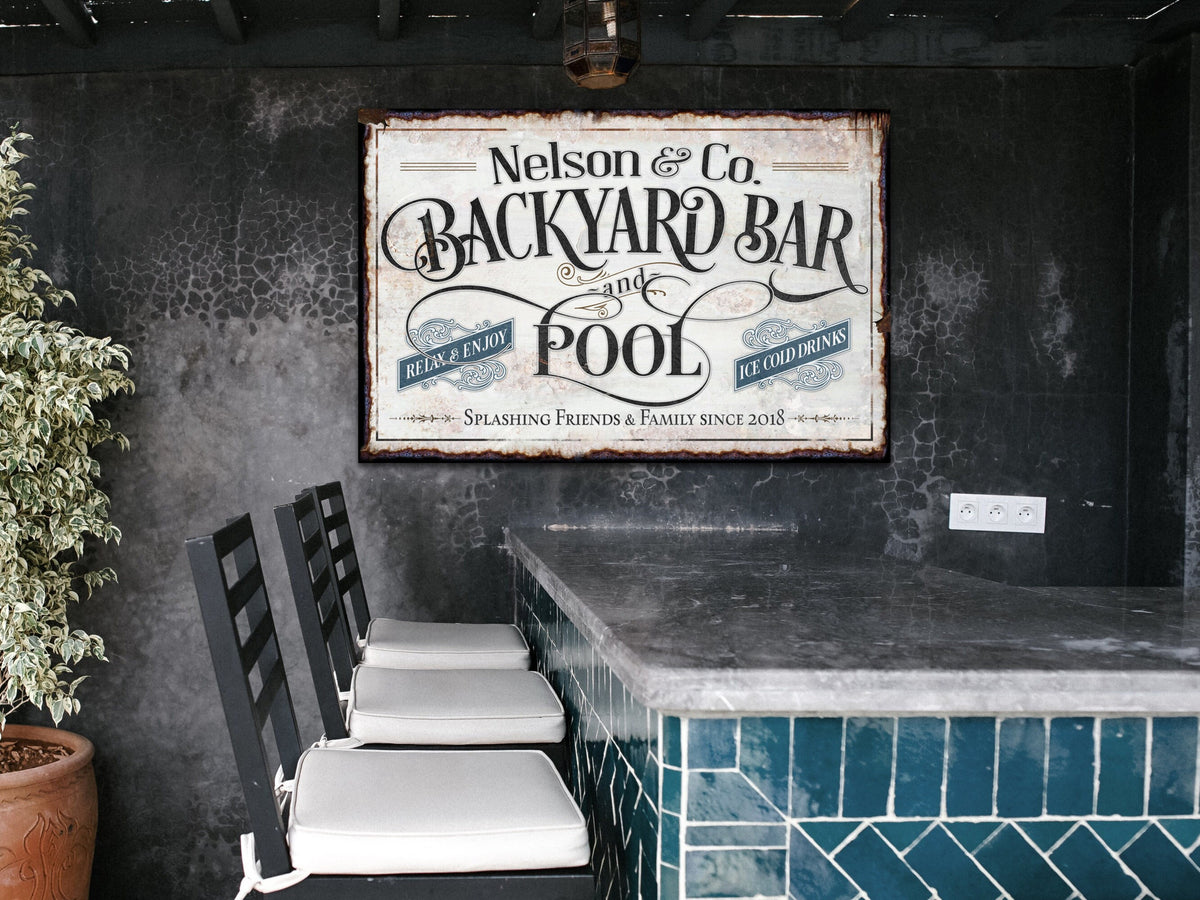 Aeticon Canvas Custom Backyard Pool Bar Sign | Patio Pool Bar Sign | Porch Bar Sign | Name Sign | Modern Farmhouse Decor | Large Metal Sign | Light Color