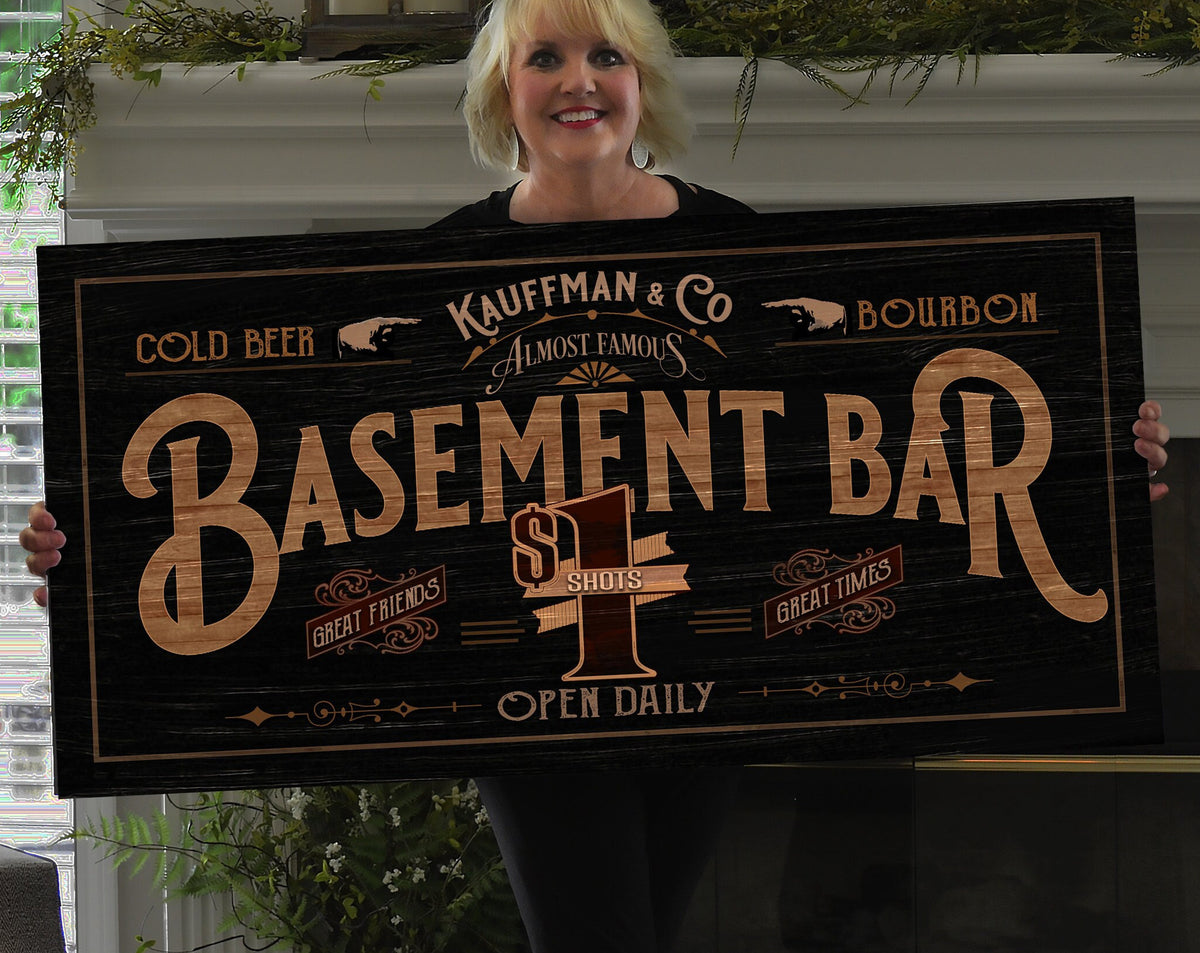 Aeticon Canvas Basement Bar Sign | Distressed Wood Grain Basement Bar | Family Name Basement Bar Sign | Basement Bar Sign Wedding Gift