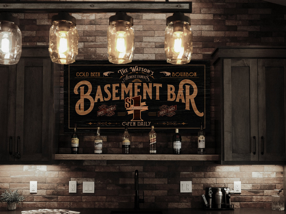 Aeticon Canvas Basement Bar Sign | Distressed Wood Grain Basement Bar | Family Name Basement Bar Sign | Basement Bar Sign Wedding Gift