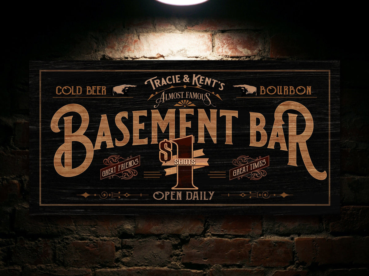 Aeticon Canvas Basement Bar Sign | Distressed Wood Grain Basement Bar | Family Name Basement Bar Sign | Basement Bar Sign Wedding Gift