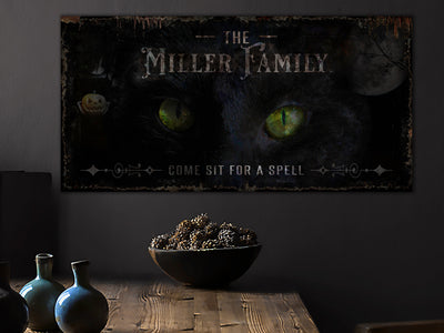 Aeticon Canvas Black Cat Witch Spell Halloween Sign | Creepy Halloween Sign | Farmhouse Sign | Ranch House Plans | Farm Wall Decor | Distressed Sign