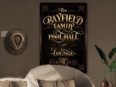 Aeticon Canvas Family Pool Hall Sign, Vertical Bar Wall Decor, Personalized Lounge Sign, Family Billiard Sign, Family Name Billiards, Large Canvas or Metal