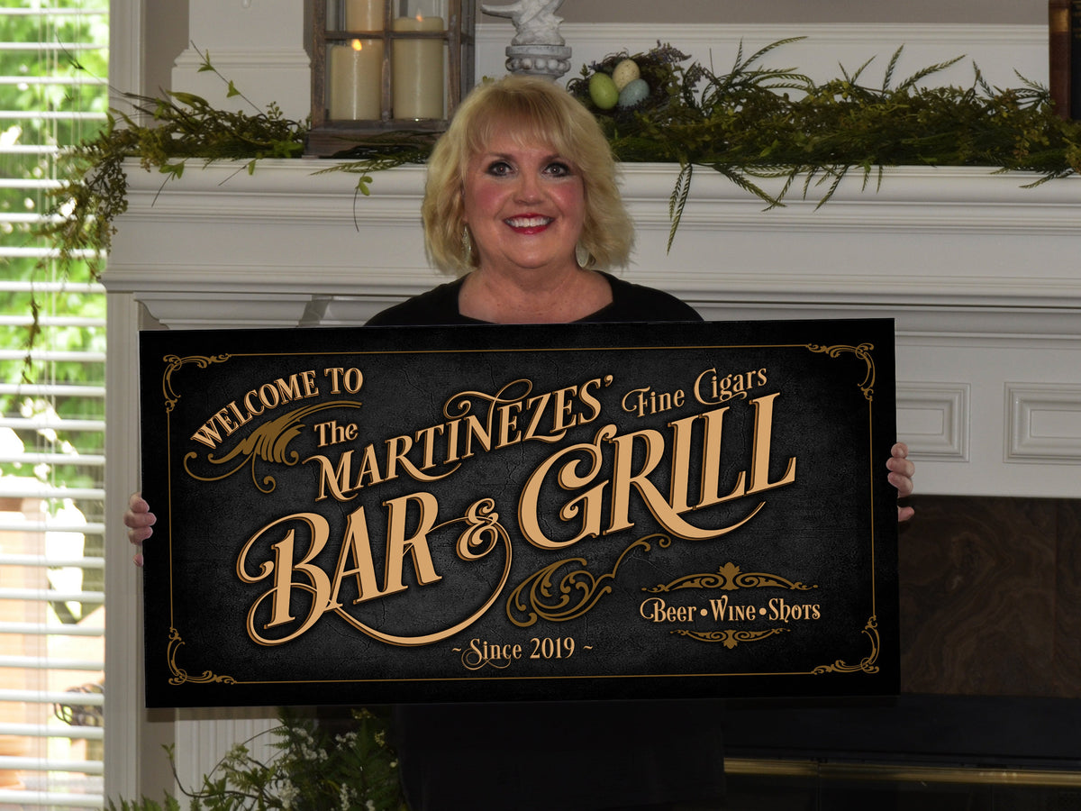 Aeticon Canvas Bar & Grill Sign Personalized, Bar Wall Decor, Personalized Bar Sign, Vintage Bar Signage