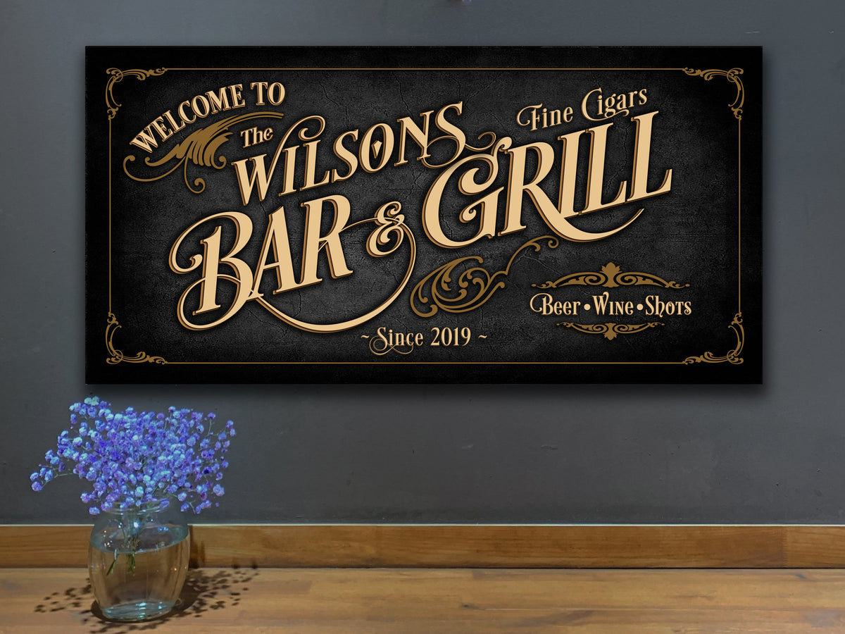 Aeticon Canvas Bar & Grill Sign Personalized, Bar Wall Decor, Personalized Bar Sign, Vintage Bar Signage