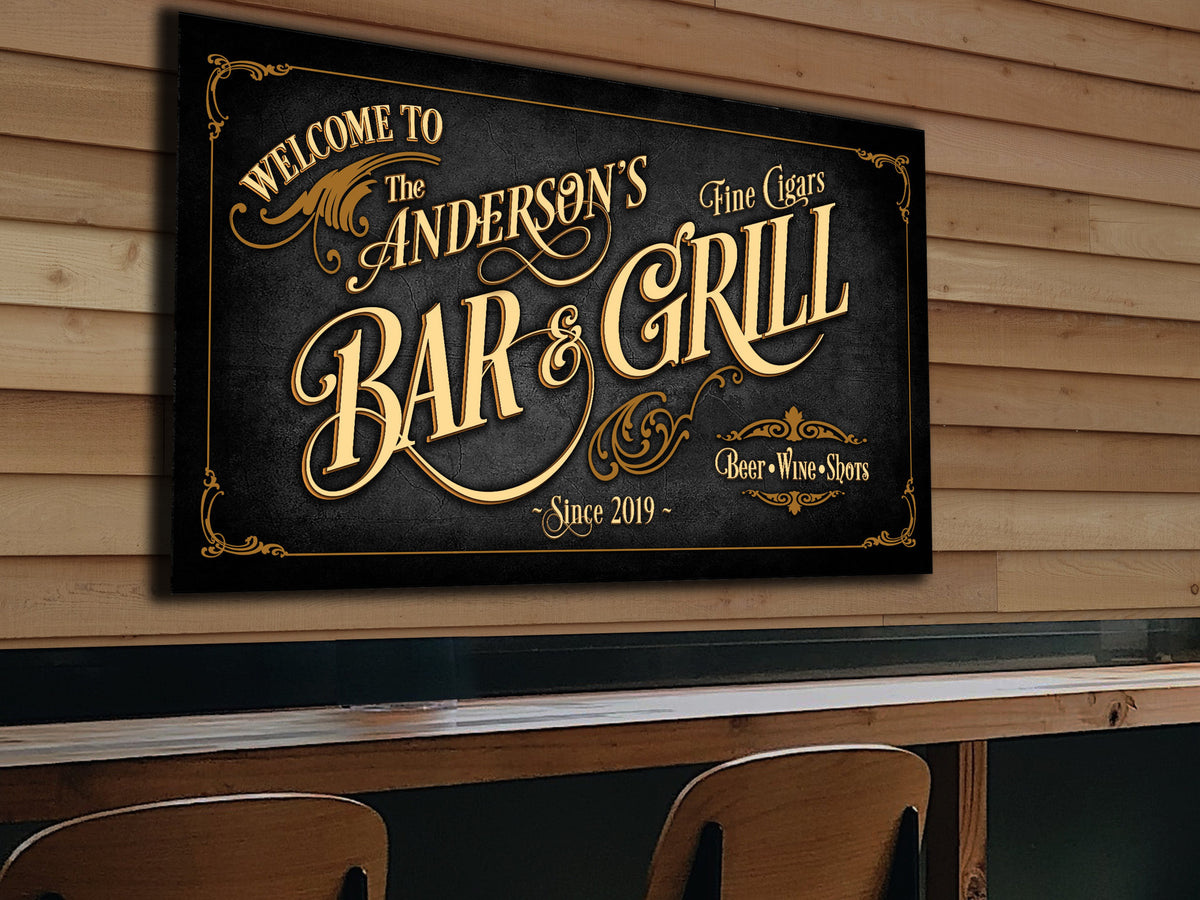 Aeticon Canvas Bar & Grill Sign Personalized, Bar Wall Decor, Personalized Bar Sign, Vintage Bar Signage