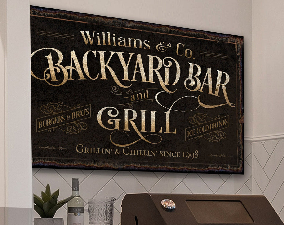 Aeticon Canvas Custom Backyard Bar and Grill Sign | Patio Bar Sign | Porch Bar Sign | Name Sign | Modern Farmhouse Decor | Large Metal Sign