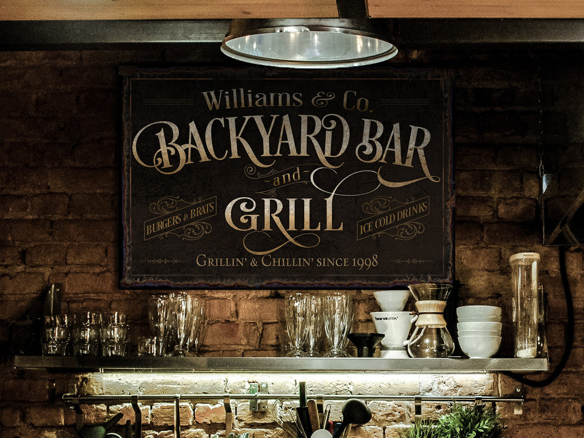 Aeticon Canvas Custom Backyard Bar and Grill Sign | Patio Bar Sign | Porch Bar Sign | Name Sign | Modern Farmhouse Decor | Large Metal Sign