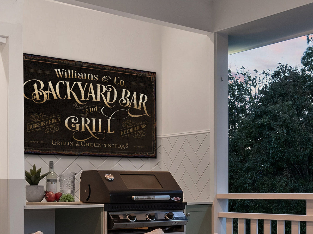 Aeticon Canvas Custom Backyard Bar and Grill Sign | Patio Bar Sign | Porch Bar Sign | Name Sign | Modern Farmhouse Decor | Large Metal Sign