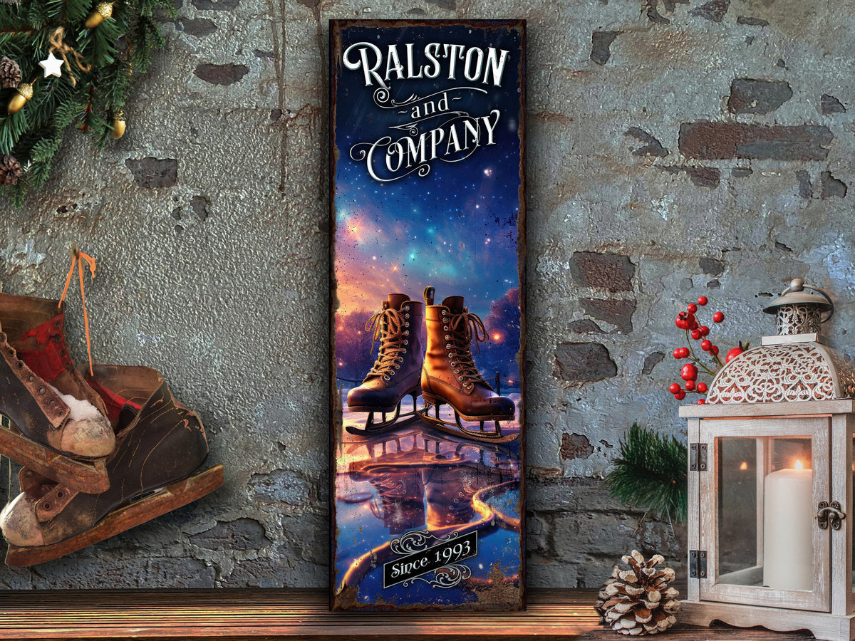Aeticon Canvas Vintage Ice Skate Sign | Winter Ice Skating Sign | Winter Ice Skate Sign | Custom Name Sign | Custom Porch Sign | Vertical Farmhouse Sign