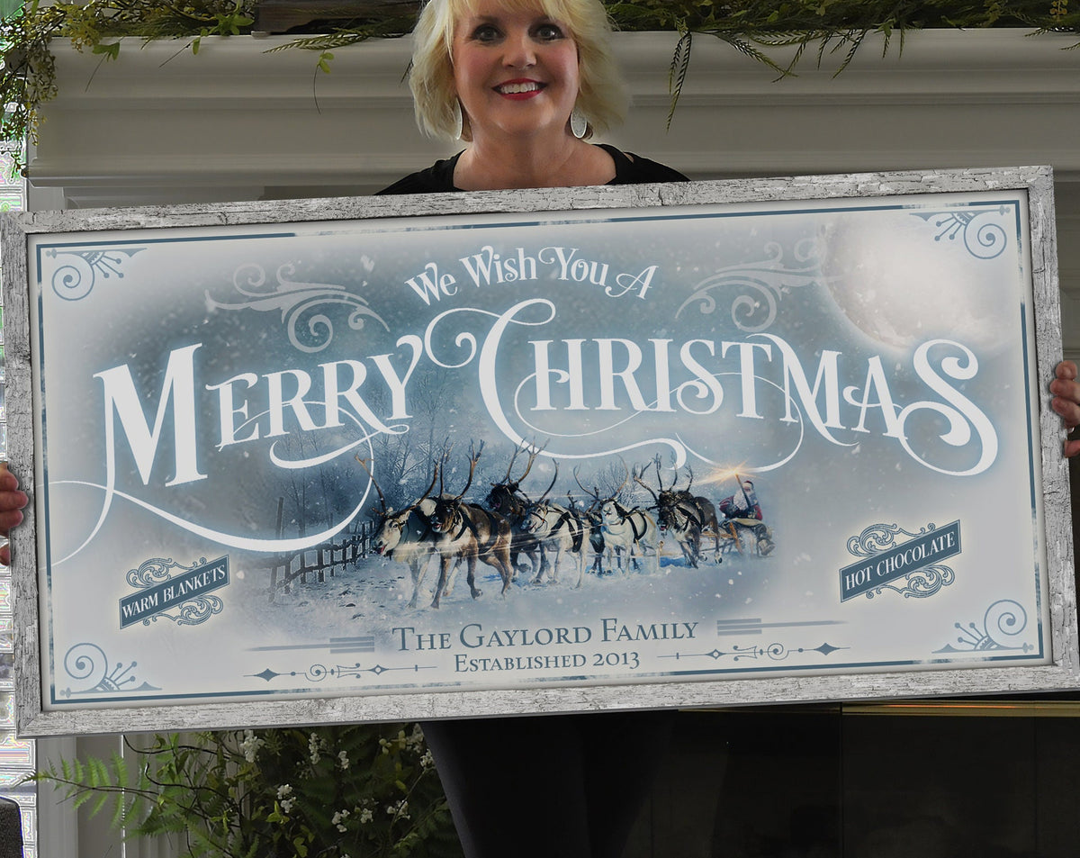 Aeticon Canvas Snowy Santa Sleigh Christmas Sign | Christmas Decor Sign | Personalized Christmas Sign | Christmas Wall Decor | Lightly Distressed Sign