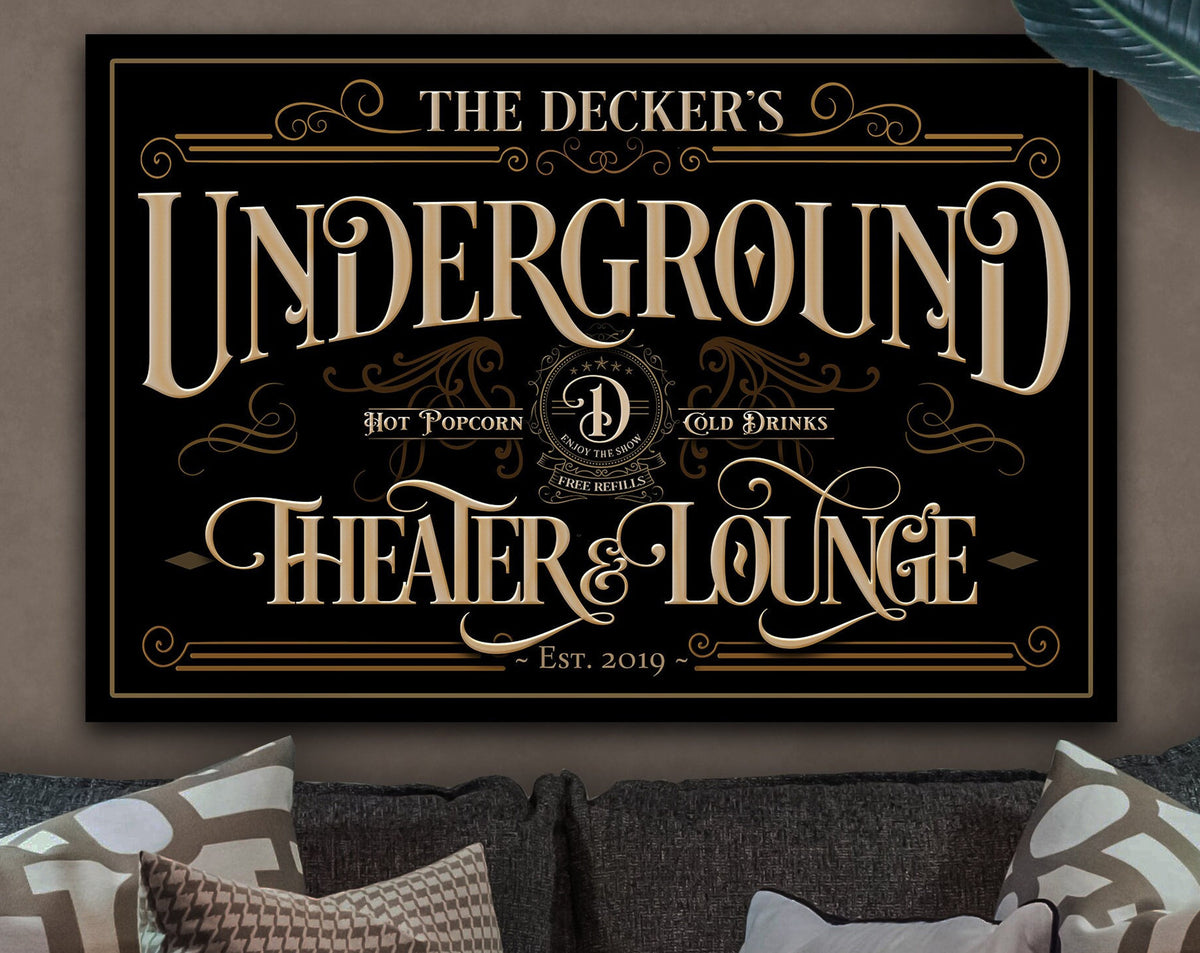 Aeticon Canvas Home Theater Sign | Basement Theater Sign | Underground Theater Sign | Lower Level Theater Sign | Large Canvas | Vintage Theater Sign