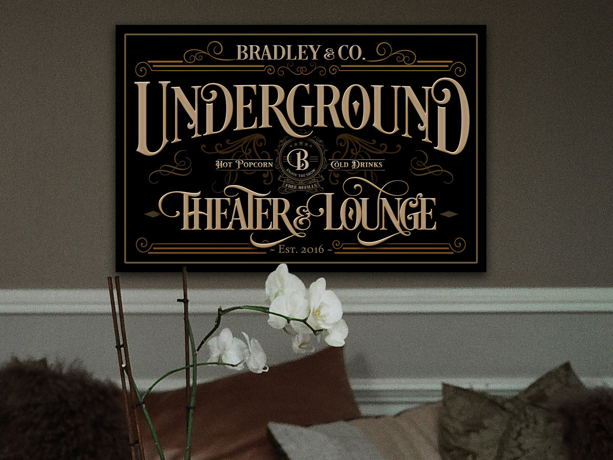 Aeticon Canvas Home Theater Sign | Basement Theater Sign | Underground Theater Sign | Lower Level Theater Sign | Large Canvas | Vintage Theater Sign